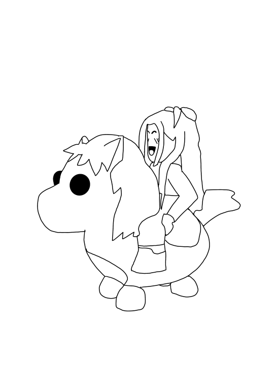 Un coloriage d'un personnage Roblox qui monte sur un poney shetland