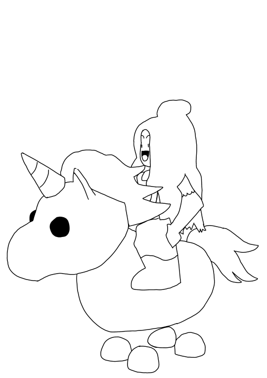 Un coloriage d'un personnage Roblox qui monte sur une licorne